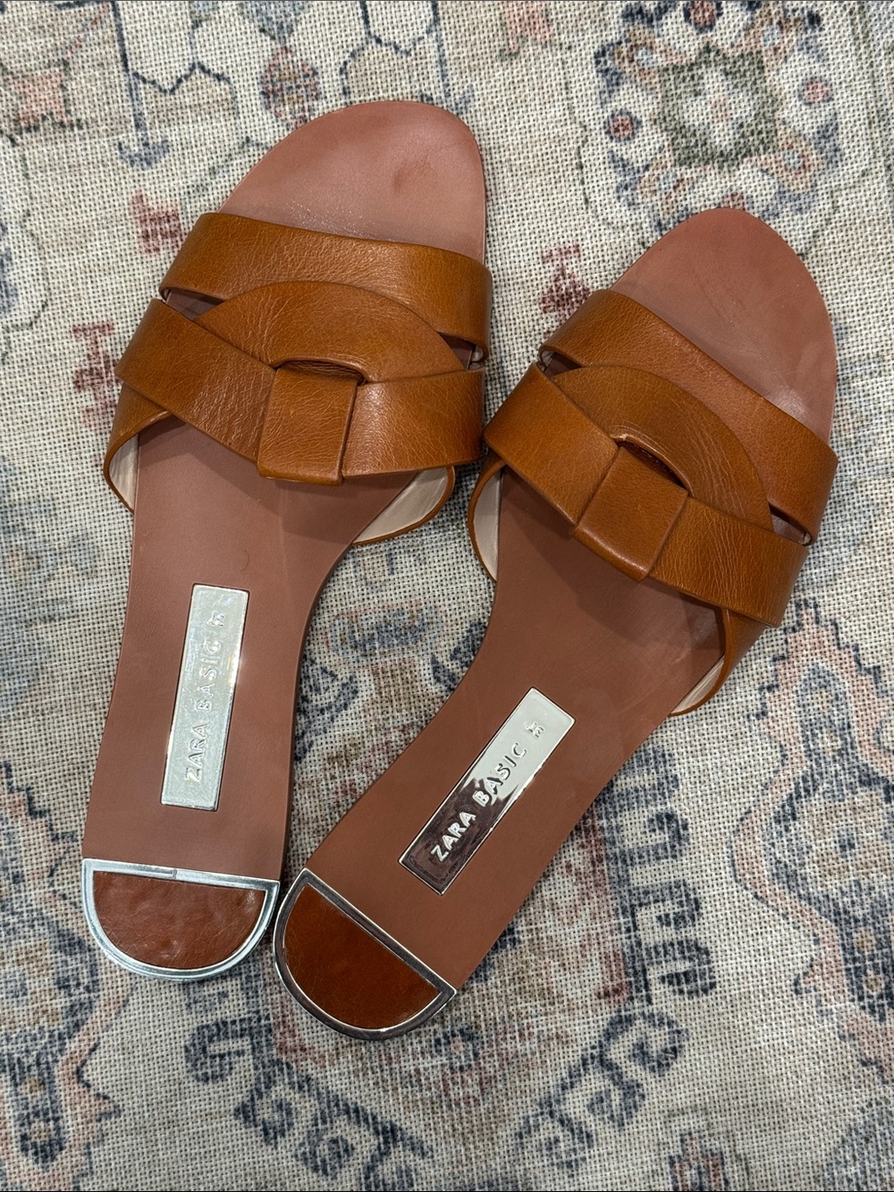 Zara Woven Brown Leather Slide Sandals